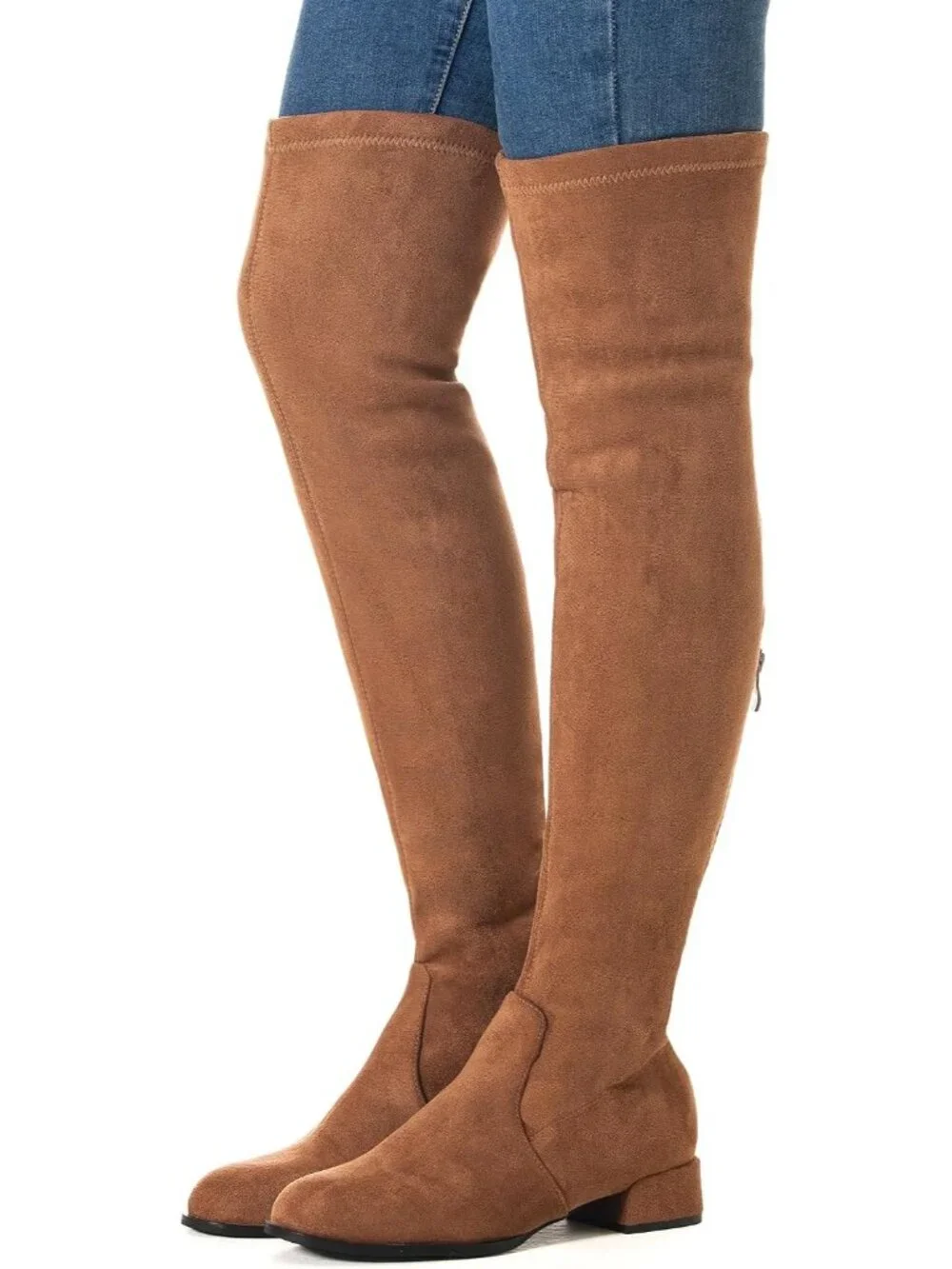 Women's Brown Flat Pointed Toe Chunky Block Heel Over The Knee High Boots